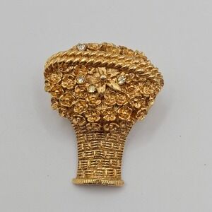 Vtg Avon Floral Basket Brooch Gold Tone Rhinestones Perfume Glace 1.5" Pin